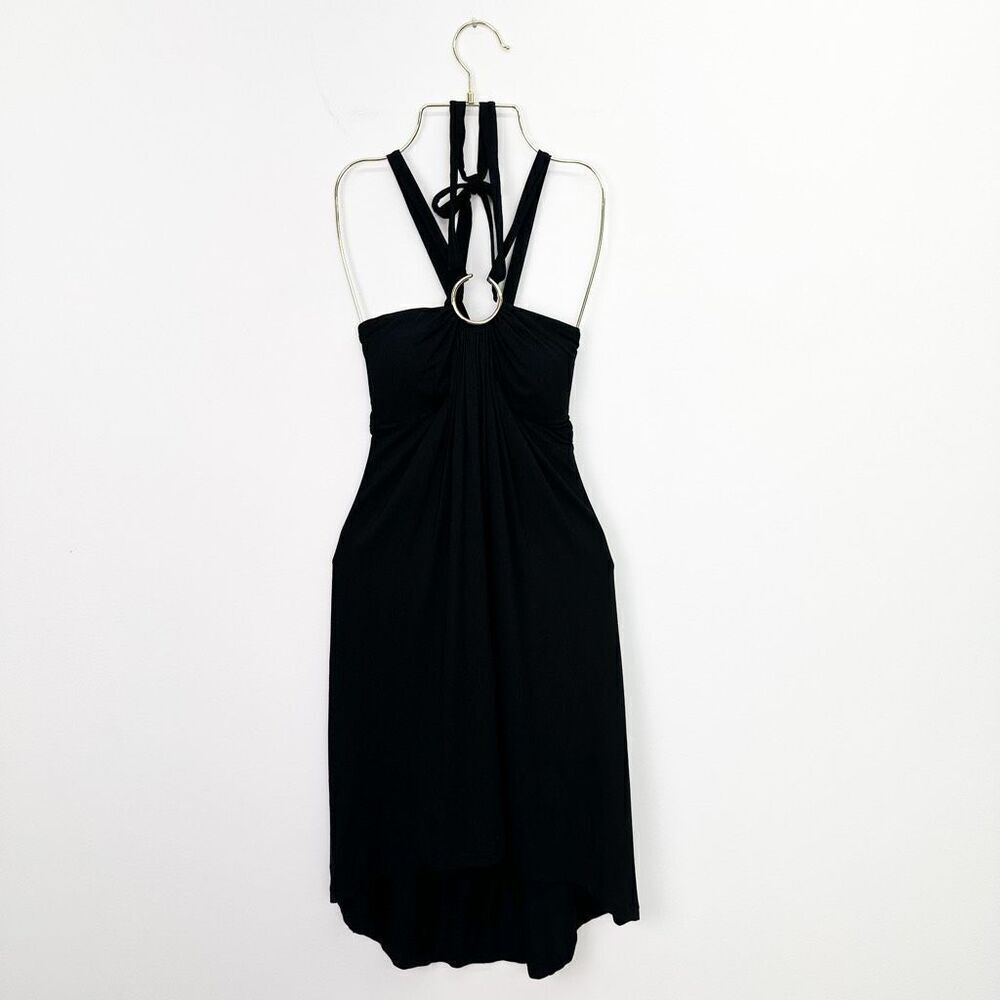 Cache Women’s Vintage Y2K Black Rayon Spandex Blend Stretch Halter Neck Tie Mini